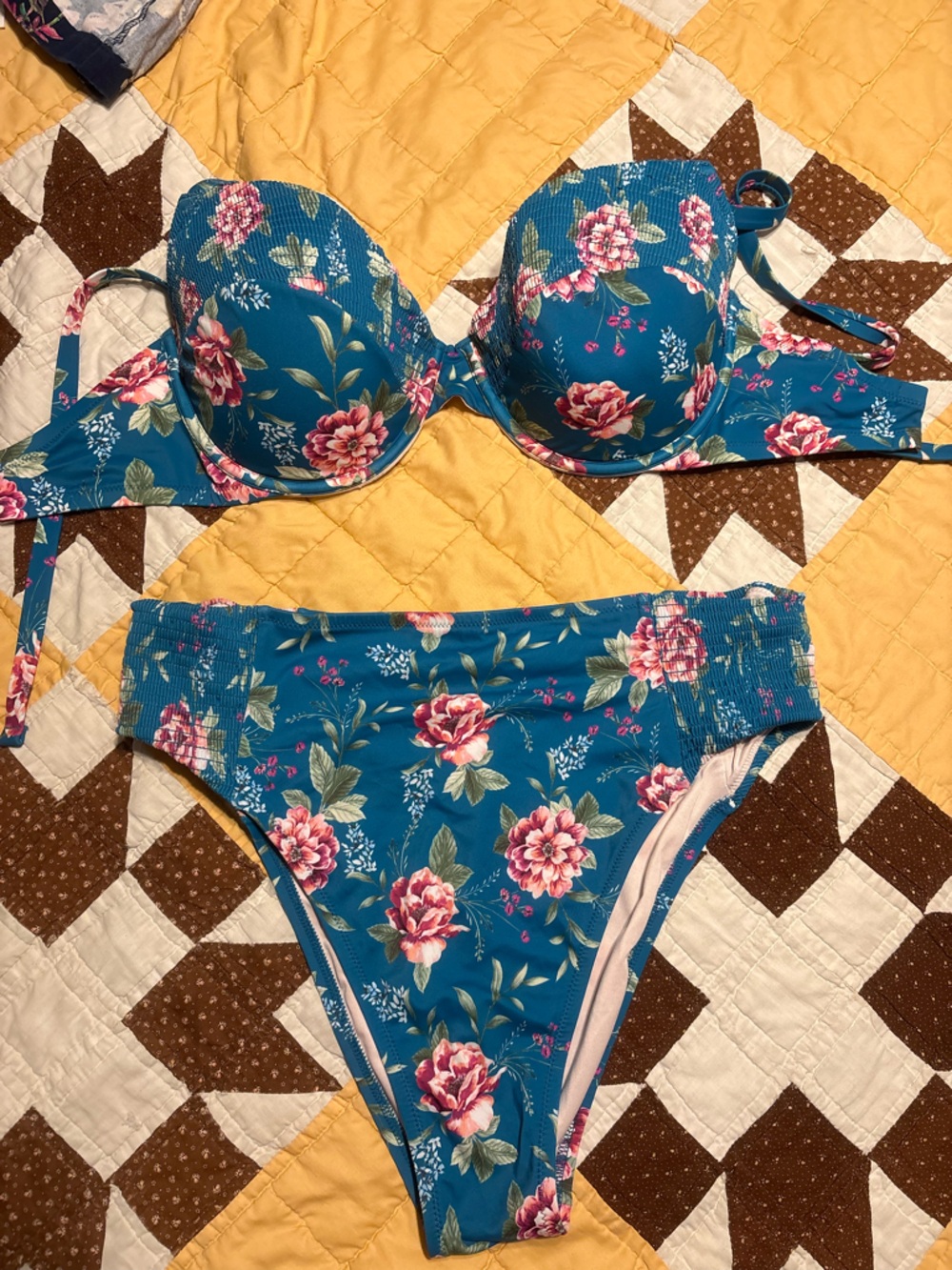 Teal Floral Bikini Set - Pink Rose Print
